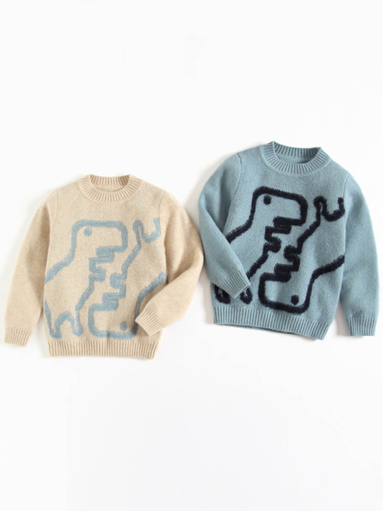 Kids Dinosaur Pattern Pure Cashmere Crewneck Pullover Sweater